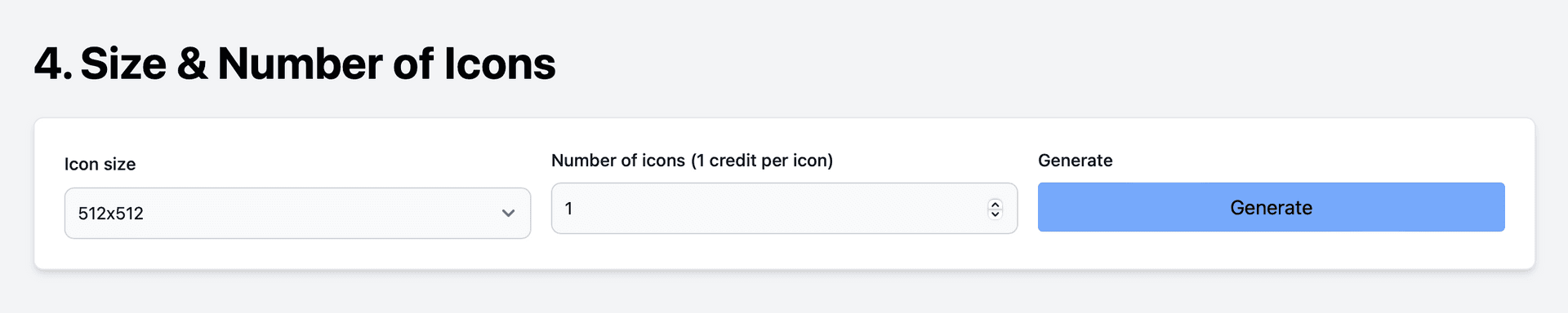 Select icon size and number to generate
